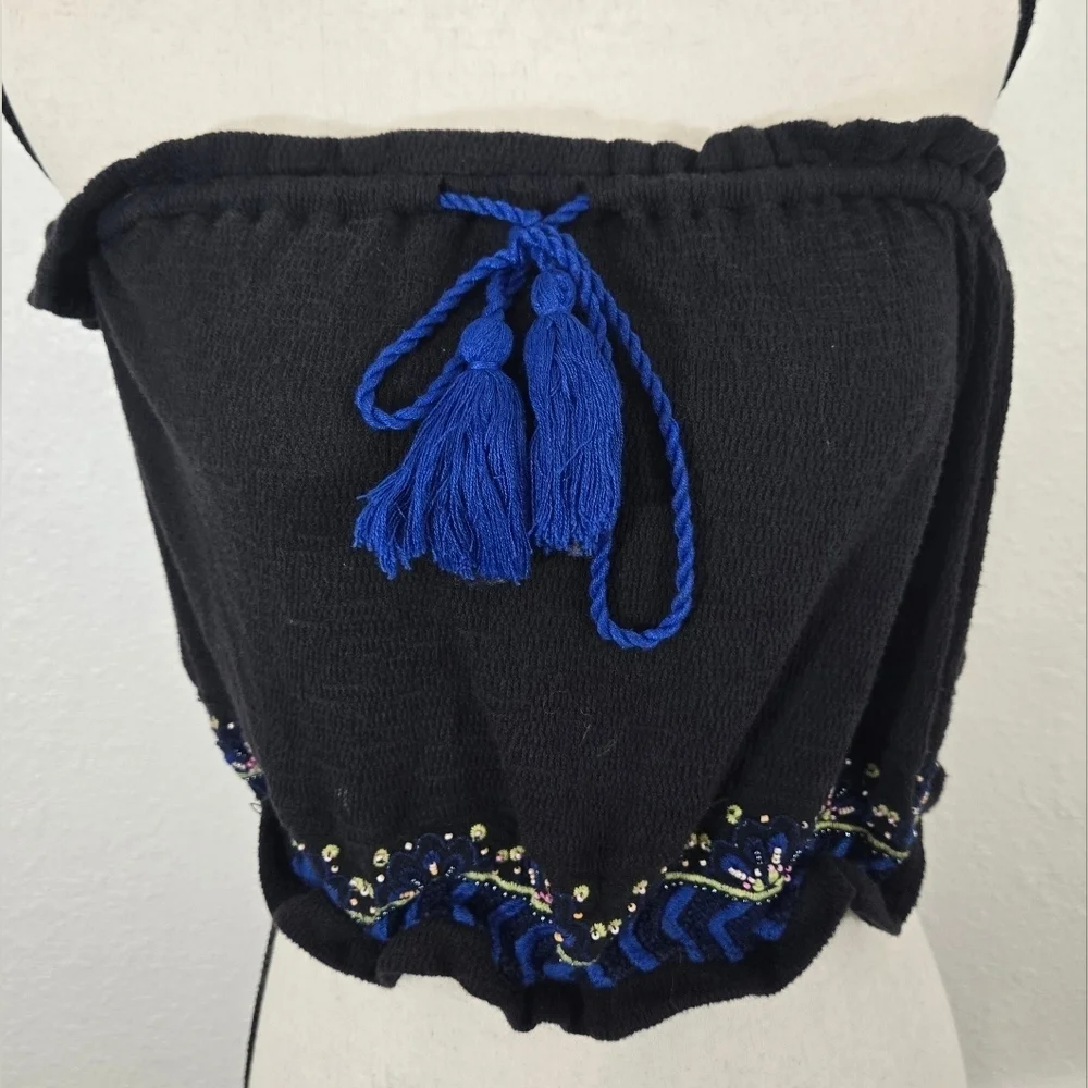 Free People No More Tiers Tube Top Black Strapless w/Blue Tassels Beaded, Small